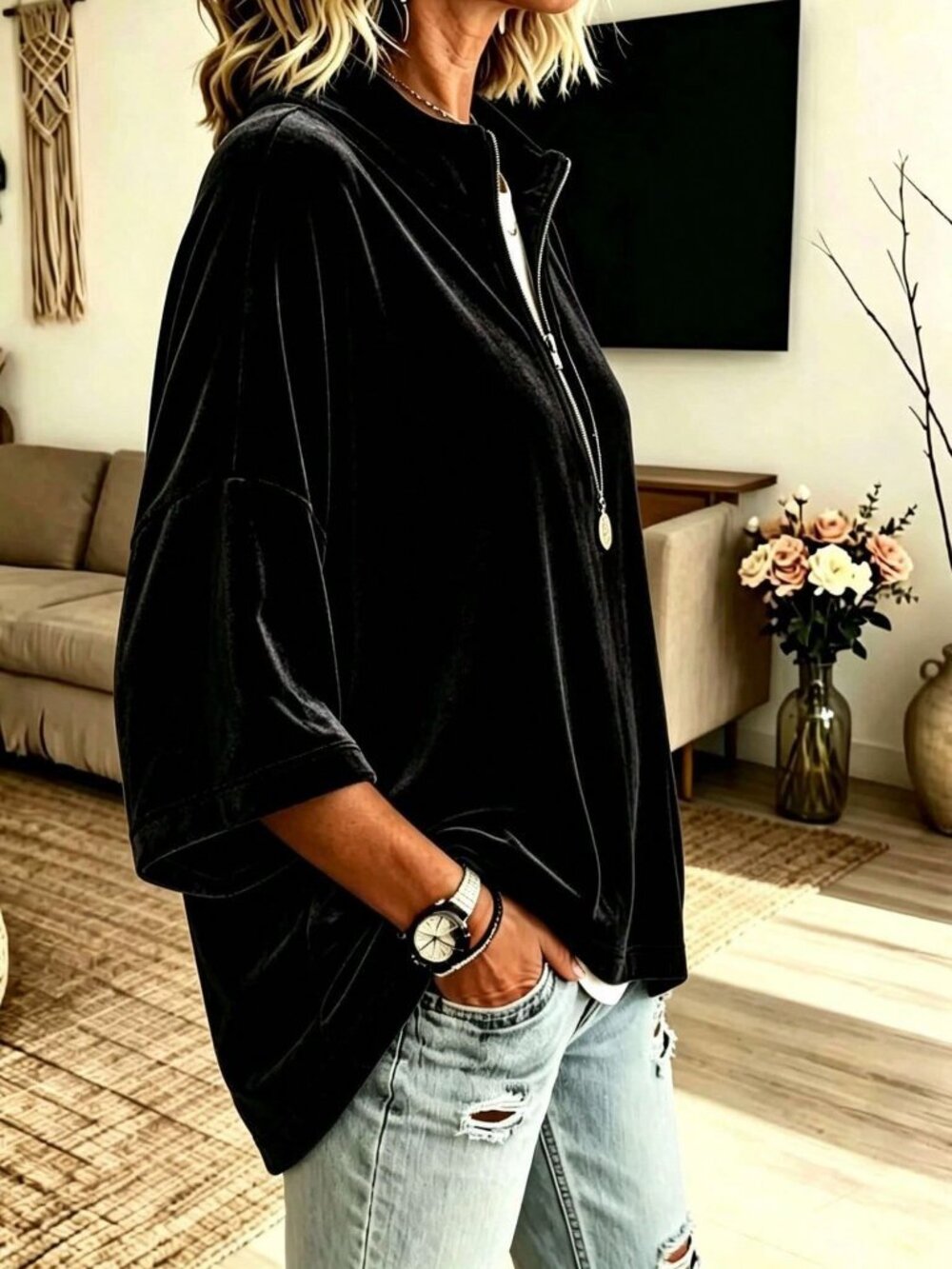 Black Sexy Women's Velvet High Neck Zip Pullovers - Picture 3 of 3